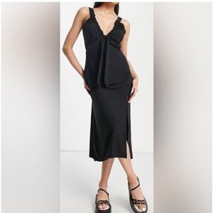 Abercrombie & Fitch Black midi dress cinched tie neckline side slit - size XL